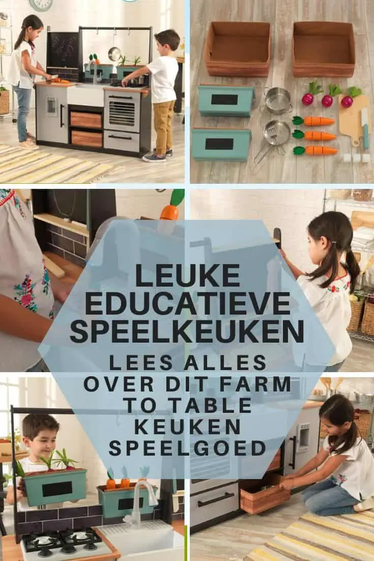 Collage van 6 afbeeldingen van farm to table speelkeuken