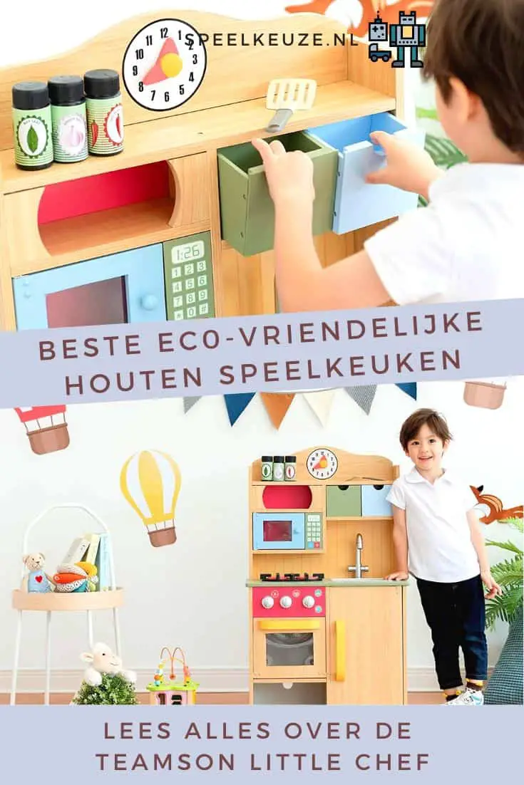 Jongen speelt met de eco-vriendelijke houten teamson speelkeuken