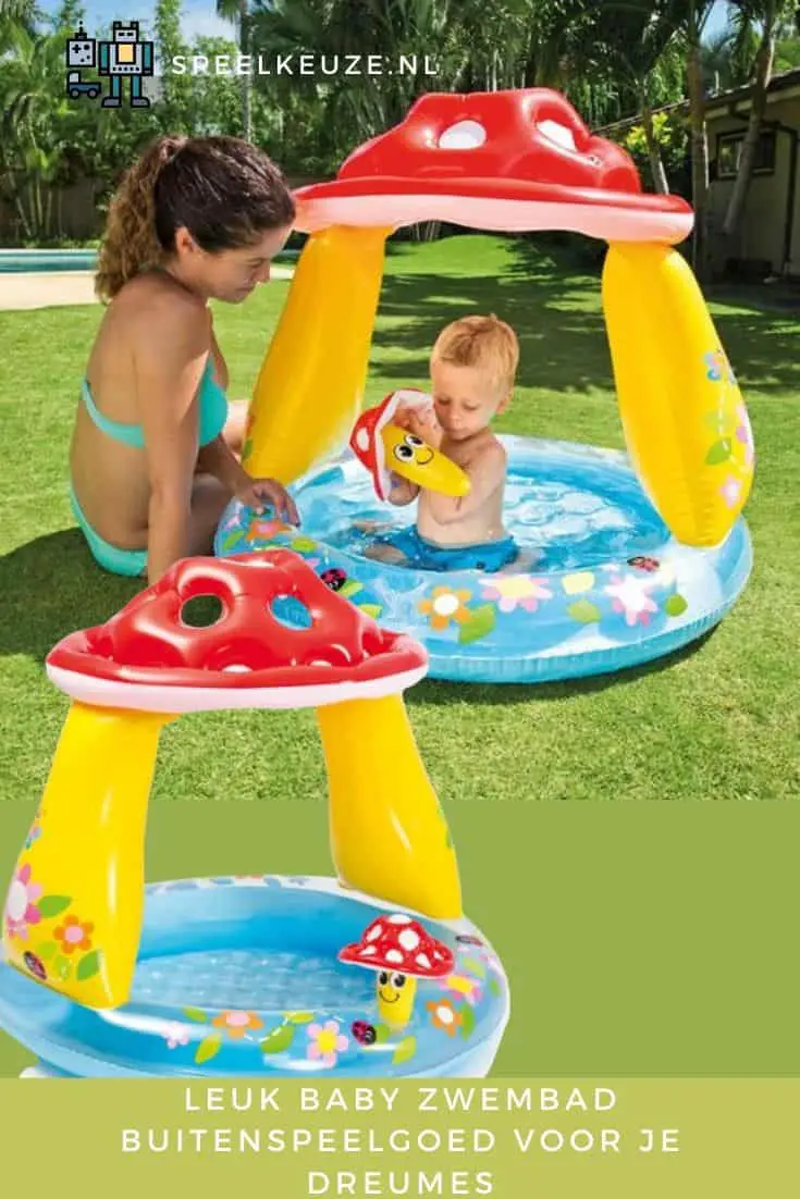 Niño juega en el jardín en una piscina de hongos