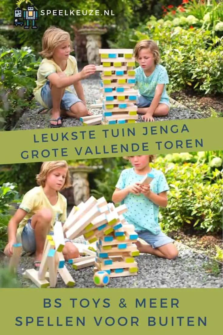 Two boys play outside with a large garden Jenga
