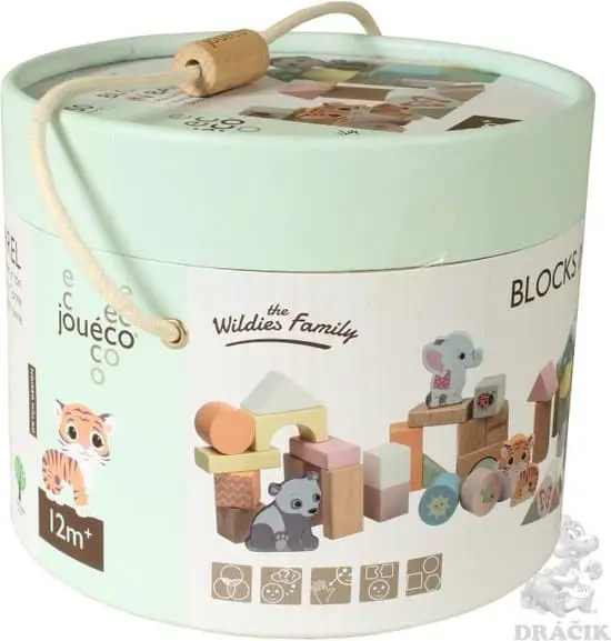 Leukste bouwmateriaal met poppetjes voor dreumes: The Wild Family 50 houten bouwblokken in ton