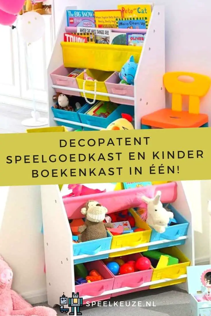 Foto van een speelgoedkast gevuld met speelgoed, knuffels en boeken