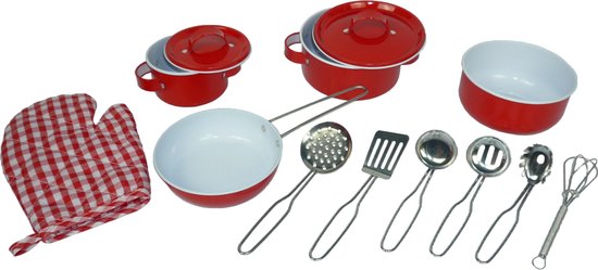 El mejor juego de utensilios de cocina de juguete de colores: Playwood Red Tin Set