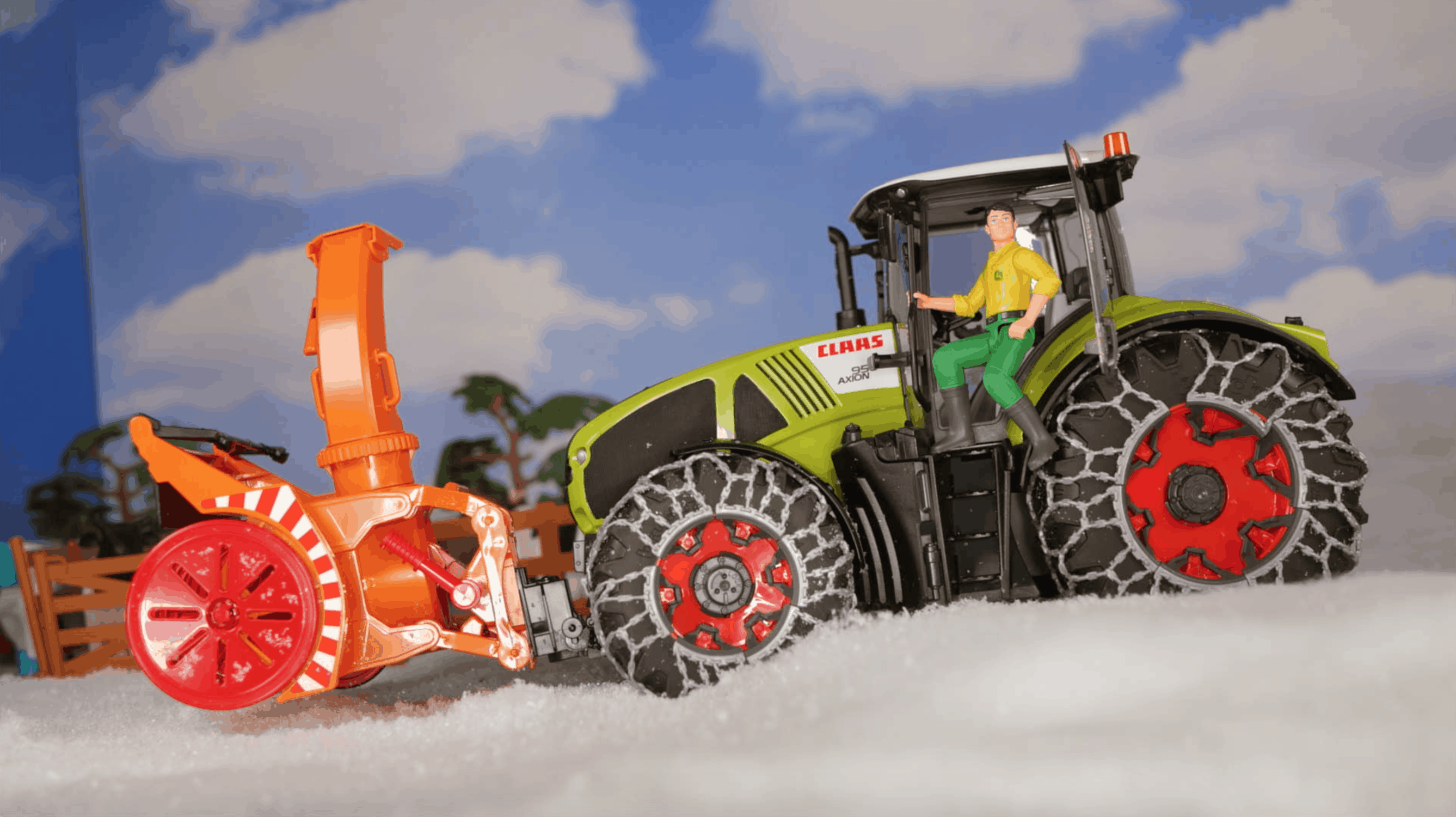 Bruder Claas Axion 950 mit Schneeketten & Schneefräse 03017 Vollansicht