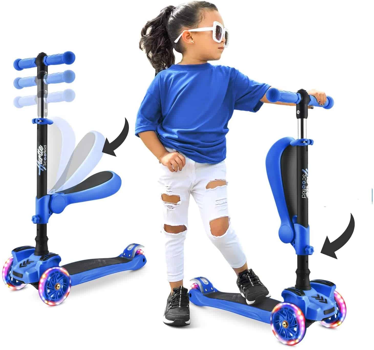 La niña se encuentra junto al mejor scooter para niños con asiento: scooter de tres ruedas para niños 2 en 1 sentado / de pie