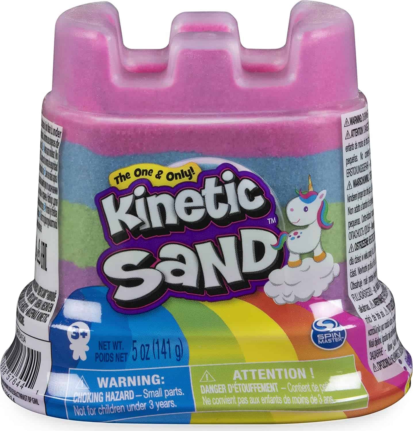Kinetischer Sand mit Regenbogenfarben und Einhornmotiv