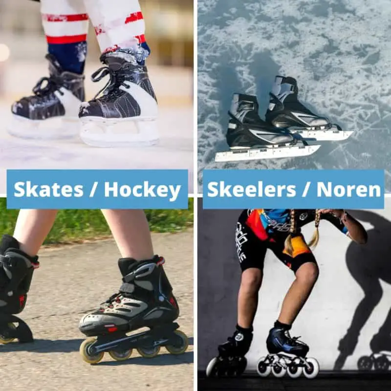 4 images with skating and hockey skates and inline skates and speed skates