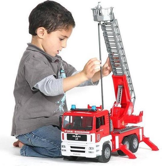 Overall best fire truck- Bruder MAN Fire Truck with Rotary Ladder and little boy